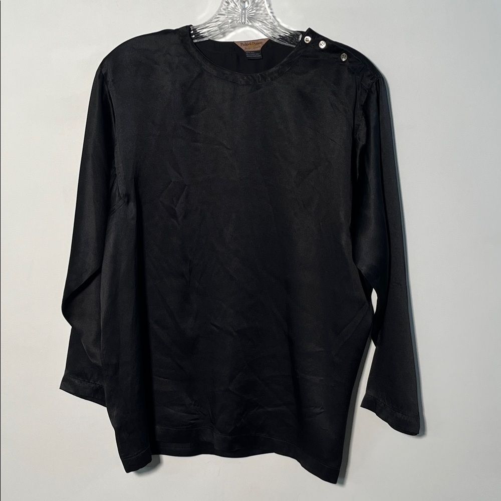 PINKY & DIANNE Minimalist 100% Silk Button Shoulder Lagenlook Black Blouse SZ 8